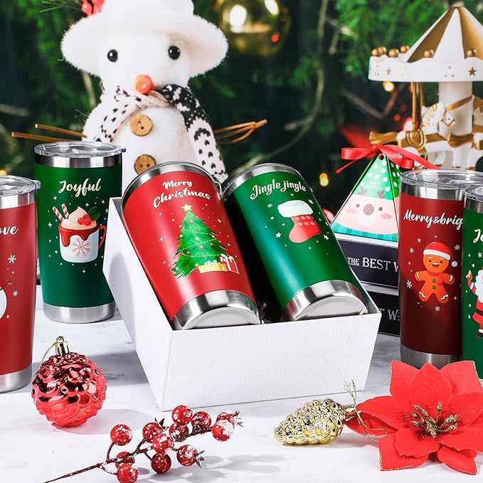 Skylety 6 Pcs 20 oz Christmas Travel Mug Stainless Steel Tumbler Cup with Lid Vacuum Double Wall Insulated Travel Coffee Christmas Gifts Mugs for Drinking Women Men Coworker Friends