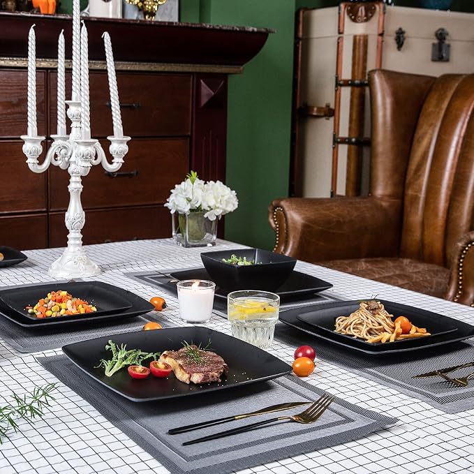 Melamine 12pcs Classic Square Dinnerware Set, Concise Plates and Bowls Set, Service for 4, Dishwasher Safe Black