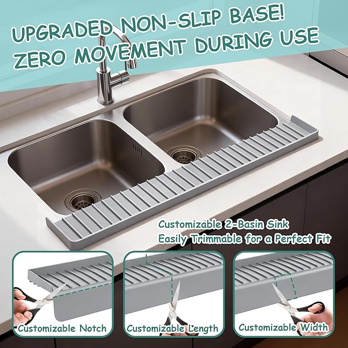 Silicone Sink Edge Protector Splash Guard, 24x4 Inch with Suction Cups & 5°Tilt, Cuttable for Kitchen Bathroom Countertops, Granite Quartz Surfaces (Gray)
