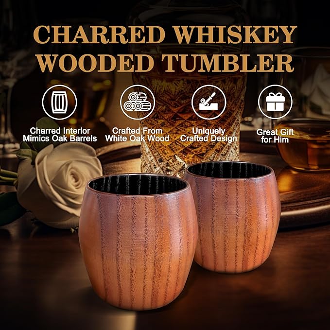 Charred Wooden Bourbon Drinking Glass, Bourbon Gifts for Men - 10 oz Charred Wooden Old Fashioned Glass Whiskey Tumbler | Birthday Whiskey Gifts for Men, Dad or Brother | Original Bourbon Tumbler