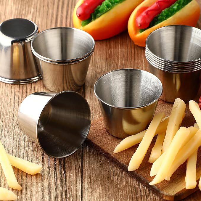 Potchen 24 Pieces 2.5 oz Metal Ramekins Sauce Cups Stainless Steel Condiment Cups Round Dipping Containers for Vinegar Butter Ice for Kitchen Restaurant Catering Camping BBQ Party