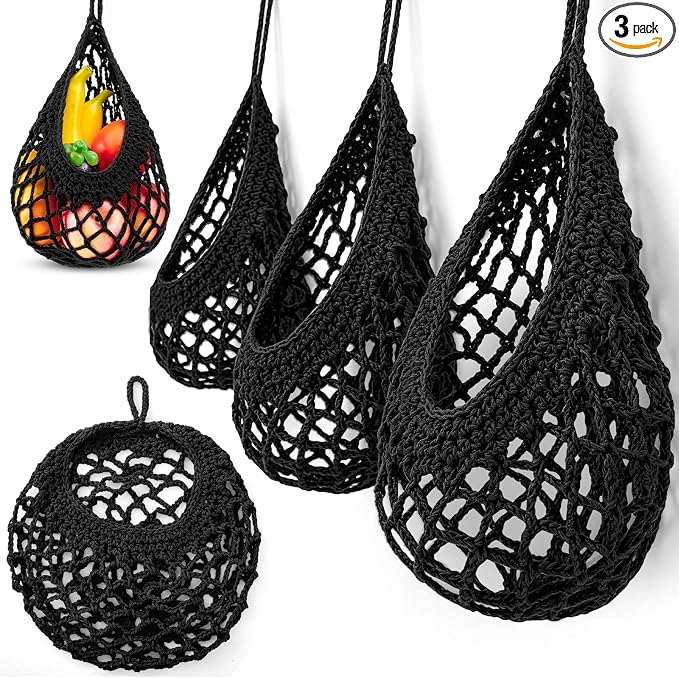 Honeydak Boho Decor Hanging Wall Baskets for Kitchen 3 Pack Teardrop Baskets with Hooks Storage Fruit Onion Vegetable Potato for Home 3 Sizes(Black,Crochet,Cotton Rope)