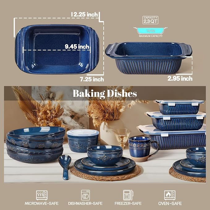Artena Baking Dish 2.3 Quarts, Casserole Dishes For Oven, Baking Pan With Handles, Lasagna Pan Deep, Large Casserole Dish, Rectangular Ceramic Bakeware (Blue)