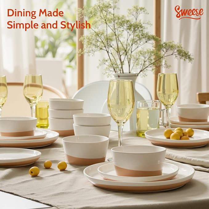 Sweese 18 Pieces Porcelain Dinnerware Set, Modern Dish Set for 6, Hand Painted Kitchen Plates and Bowls Sets, Scratch Resistant Dishware Sets, Dishwasher & Microwave & Oven Safe Dinner Set, Brown