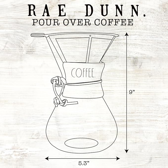 Rae Dunn Glass Pour Over Coffee Maker, 34oz Carafe with Reusable Stainless-Steel Filter and Elegant Bamboo Finish, Great for Brewing Coffee
