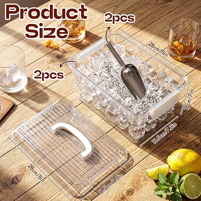 2 Set Ice Bin and Metal Scoop Set, Plastic Freezer Ice Bin with Lid, Clear Storage Bucket Plastic Containers Food Scoops for Cocktail Freezer Bar Party Barbeque Camping
