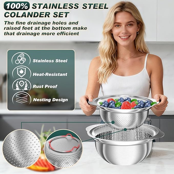 Stainless Steel Colanders with Mixing Bowl - 3.0QT & 2.0QT Strainer and Colander with Handle, 3.5QT Nesting Kitchen Bowl with Colander For Pasta, Vegetables, Fruit, Rice, 3PCS