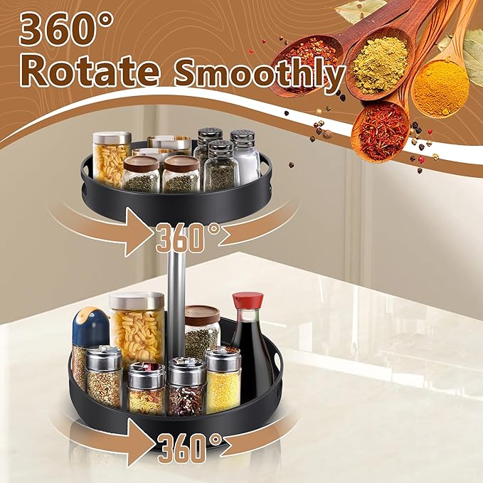 Lazy Susan Turntable Spice Rack, 2 Tier Adjustable Height Rotating Spice Organization, Revolving Seasoning Organizer 12 Inch for Kitchen Countertop Pantry Dining Table Coffee Storage(Black)