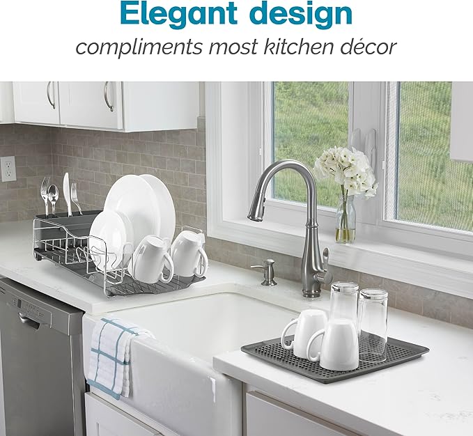 Polder KTH-615 Dish Rack, 4 PC Combo– Advantage System Includes Rack, Drain Tray, Removable Drying Tray & Cutlery Holder – Stainless Steel & Plastic