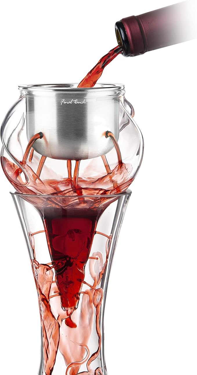 Final Touch Conundrum Stainless Steel Wine Decanter Aerator - Instant Oxygenation, 3 Phase Aeration System, Sediment Filter, Fits Angled & Straight Decanters (WDA595)