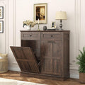 chartustriable 26 Gallon Double Tilt Out Trash Cabinet, Pet Proof Barn Door Garbage Can with 2 Drawers, Farmhouse Wood Laundry Hamper & Storage Basket, Kitchen, Rustic Brown