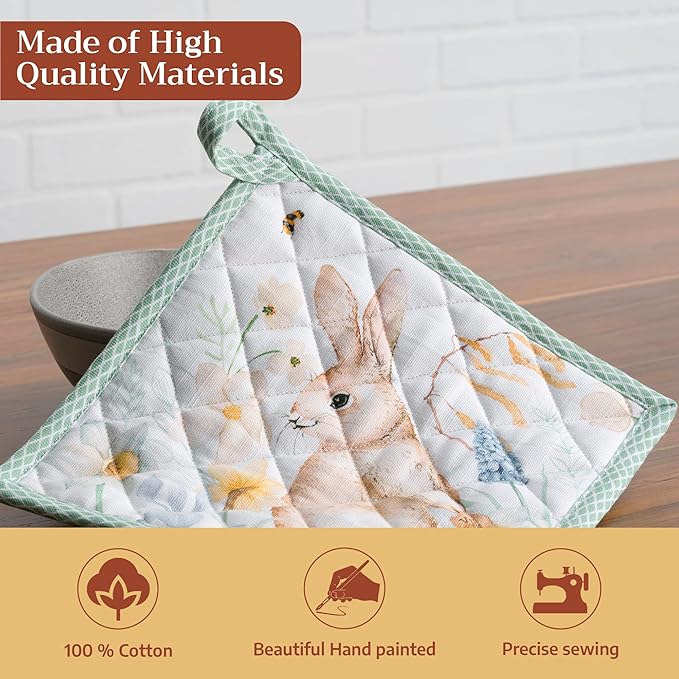 Maison d' Hermine Pot Holders 100% Cotton Heat Resistant Potholders 8" x 8" Hot Pads with Loop BBQ Cooking Baking Gifts for Mothers Day Handling Hot Pans Spring/Summer (Pack of 1, Easter Dew)