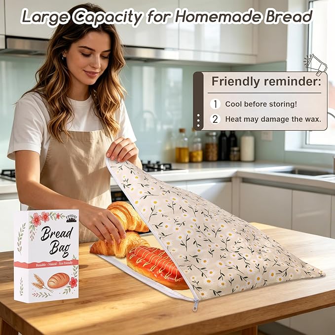 Wide Zipper Beeswax Bread Bags for Homemade Bread, 2 Pack Sourdough Bread Bags for Storage XL 17x13 Inch, Cotton Large Reusable Bread Bag - Keep Fresh, Freezer Safe