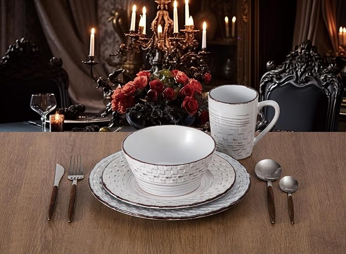 Lorren Home Trends 16 Piece Distressed Weave Dinnerware Set-White