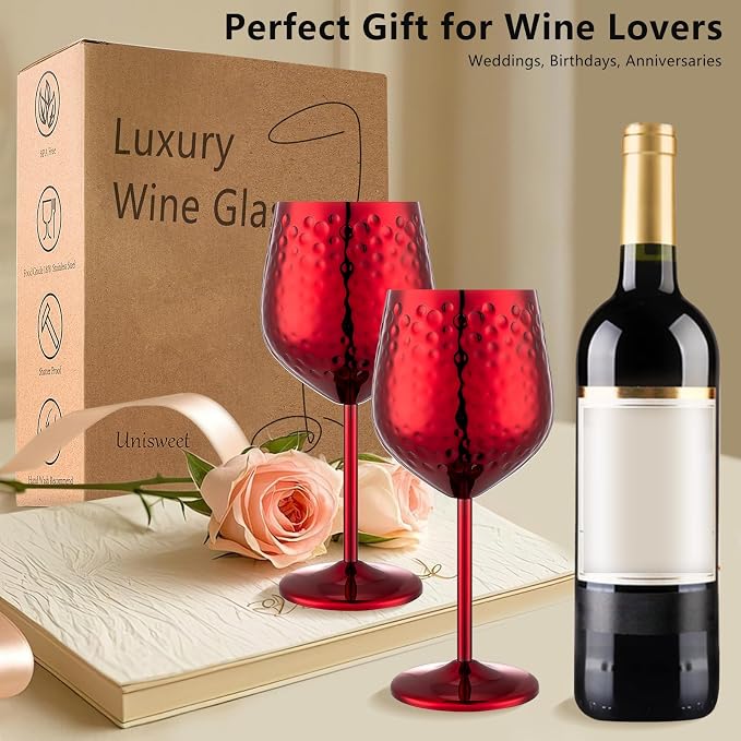 UNISWEET Stainless Steel Wine Glasses Set of 4 Unbreakable (Red) | 17 oz Large-capacity Hammered Goblets, Lightweight & Reusable, Good for Outdoor, Camping, Pool Travel, Gift for Wine Lovers