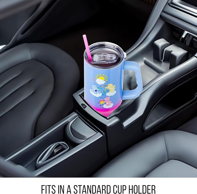 Silver Buffalo Care Bears Featuring Grumpy Bear, Funshine, and Love-A-Lot Bear Heart Showers Ombre Double Walled Stainless Steel Tumbler with Handle and Straw, Fits in Standard Cup Holder, 40 Ounces