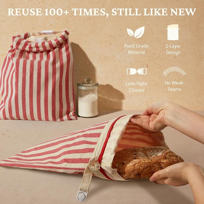 BRONYPRO Reusable Beeswax and Linen Bread Bags with Zipper, 2-Pack Waxed Bread Bags for Homemade Bread & Sourdough, Sustainable Loaf Storage to Lock in Freshness, Large 17x12.6in, Red Stripe