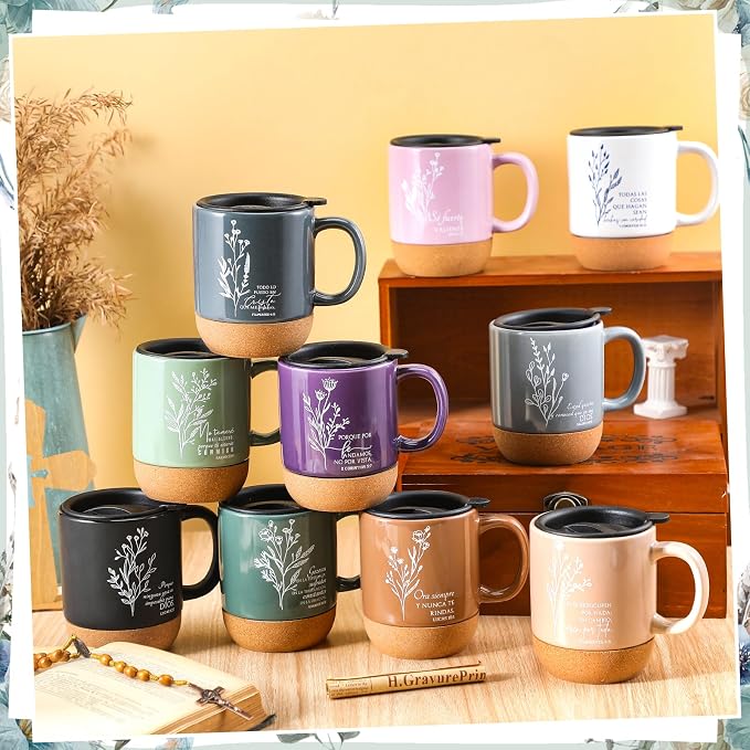 Jingmore 10 Pcs Christian Gift Bulk Religious Mugs with Bible Verse Coffee Cup 15oz for Teacher Nurse Women Men Church Member Employee Mom Dad Clergy Pastor(Boho Flower, Spanish)