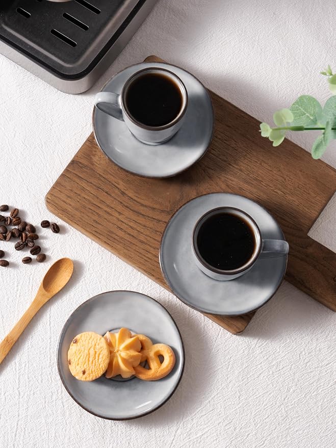 famiware Ocean Espresso Cups with Saucers Set of 4, 3.34oz Espresso Cup Set, Coffee Mug Set for Latte, Macchiato, Stoneware Demitasse Cups Set for Cafe, Microwave&Dishwasher Safe, Gray