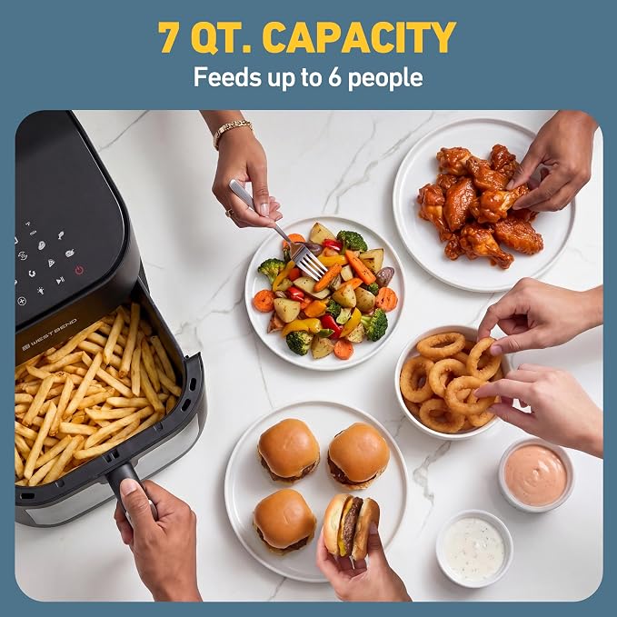 West Bend Digital Air Fryer 7 Qt with One-Touch Presets, Shake Reminder for Even Cooking, Fast 1600W Heating, Nonstick Easy-Clean Basket, in Black/Silver