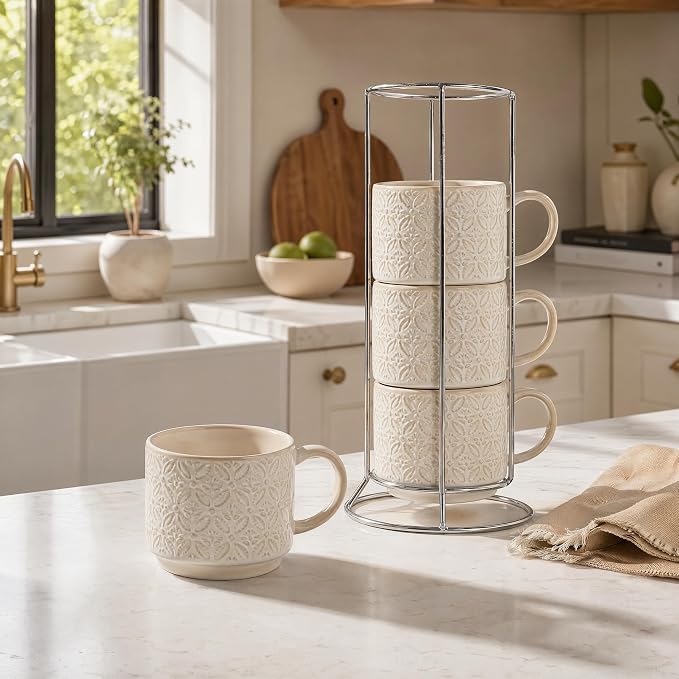 6 Oz Coffee Mugs with Stand, Stackable Ceramic Espresso Cups Set of 4, Embossed Coffee Cups Sets, Porcelain Cappuccino for Latte, Cocoa, Mocha, Tea, Dishwasher Safe, Vintage White