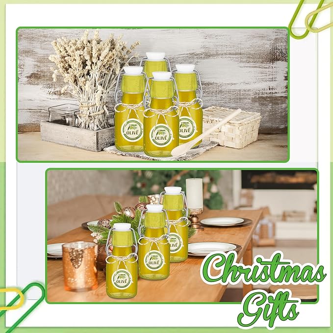 Queekay 20 Pack Mini Swing Top Glass Bottles for Vanilla Extract Homemade Olive Oil Bottles with Lids Airtight Cap Lids Labels for Wedding Baby Shower Favors(2 oz,Clear)