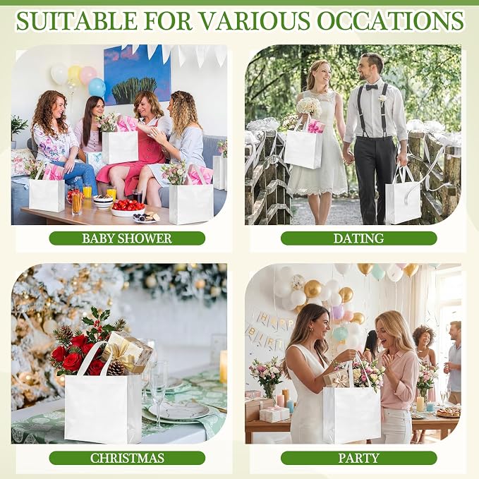 Eccliy Reusable Gift Bags Set Glossy Grocery Gift Tote Bag with Handle for Wedding, Bridal Shower, 4th of July, Summer Event(12 x 11 x 4.7 I Inch,White,80 Pcs)