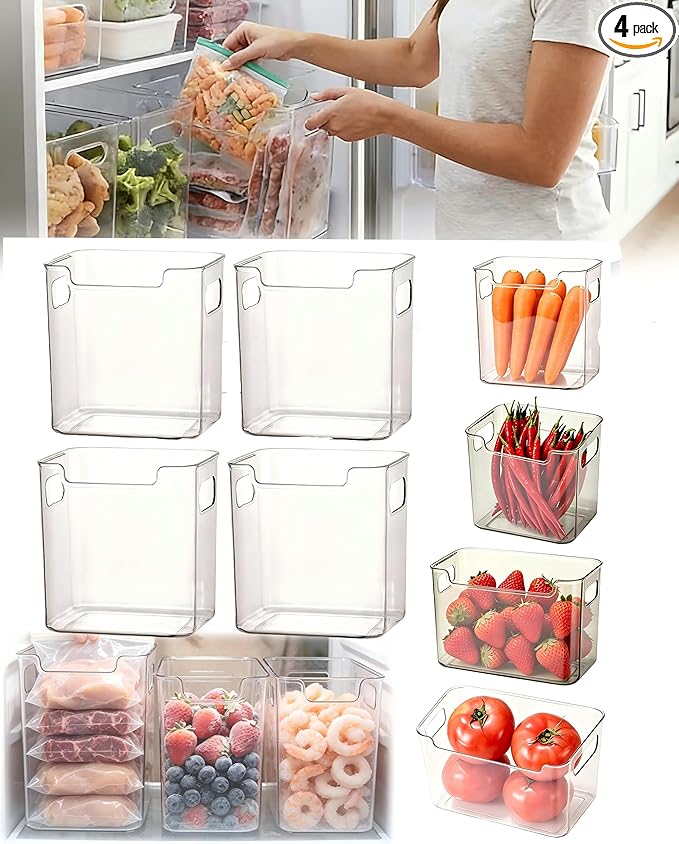 Clear Plastic Freezer Storage Bins, 4 Pack Stackable Refrigerator Organizer Containers with Handles for Meat, Veggies, and Pantry (4PSSmall Size)