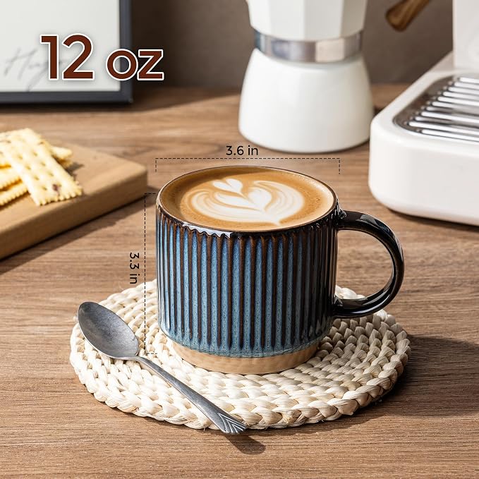 GBhome 12 OZ Stackable Coffee Mugs Set of 6, Ceramic Coffee Cups with Texture Patterns for Man,Woman,Dad,Mom, Modern Coffee Cups for Latte/Cappuccino/Cocoa. Dishwasher&Microwave Safe