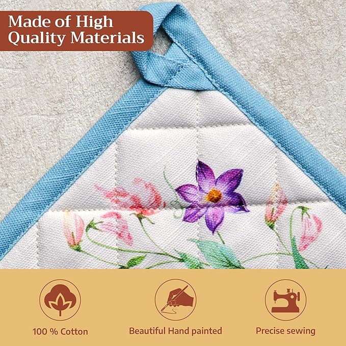 Maison d' Hermine Pot Holders 100% Cotton Heat Resistant Potholders 8" x 8" Hot Pads with Loop BBQ Cooking Baking Gifts for Mothers Day Handling Hot Pans Spring/Summer (Pack of 1, Giverny)