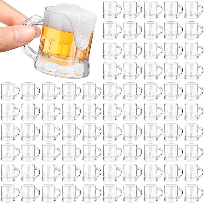 Yinder 100 Pieces 2 oz Mini Beer Mug,Plastic Mini Shot Glasses, Heavy Base Clear Reusable Beer Stein Tasting Glasses,Small Plastic Shot Cups for Party Drink, Whiskey, Tequila, Vodka