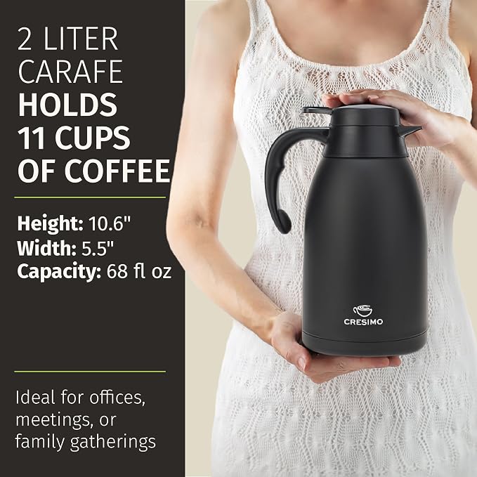 Cresimo 68 Oz Stainless Steel Black Thermal Coffee Carafe/Double Walled Vacuum Flask / 12 Hour Heat Retention / 2 Liter Tea, Water, and Coffee Dispenser