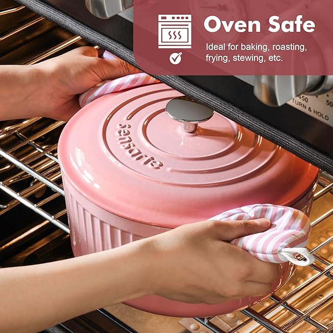 SENSARTE Enameled Cast Iron Dutch Oven Pot with Lid 3.5/5.5/6.5 Quart Heavy-Duty Round Dual Handles Kitchen Pot with Cotton Potholders & Silicone Trivet, Pot for Bread Baking, Stews, Braising, Roasting, Oven Safe, 6.5 Quart, Pink