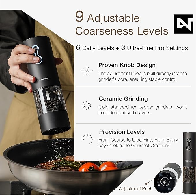 Electric Salt and Pepper Grinder Set USB-C Rechargeable, Dual-Speed Automatic Salt and Pepper Mills with 9 Adjustable Coarseness, Ceramic Burr, LED Light, Refillable, (Carbon Black)