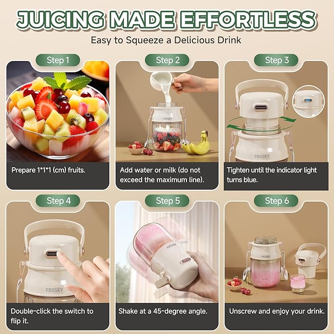 Portable Blender, Prasky Personal Blenders for Shakes and Smoothies with 27oz Cup, Lid and Shoulder Strap, Type-C USB Rechargeable, Personal Size Blenders BPA-free for Travel/Kitchen(White)