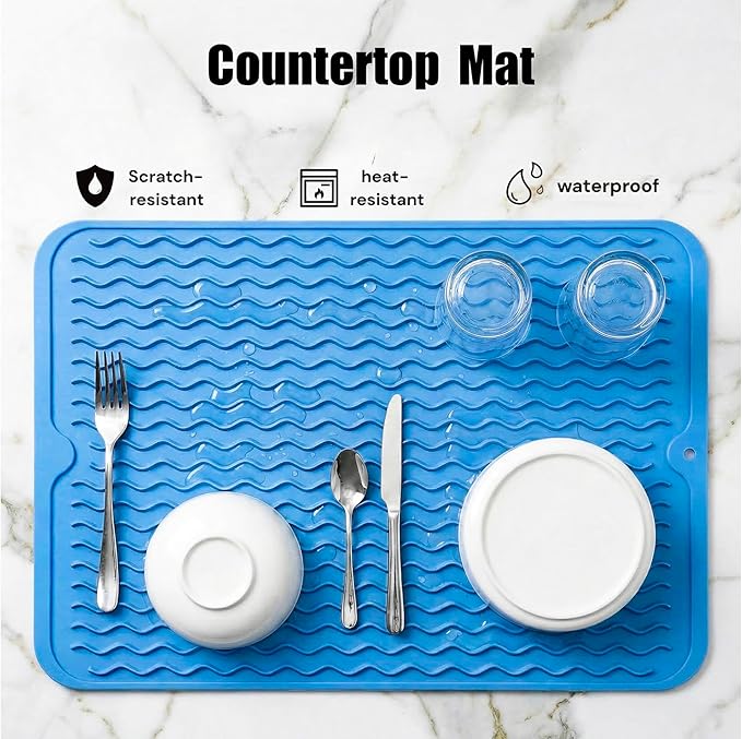 MicoYang Silicone Dish Drying Mat for Multiple Usage,Easy clean,Eco-friendly,Heat-resistant Silicone Mat for Kitchen Counter or Sink,Refrigerator or drawer liner Lichen BlueL L 16 inches x 12 inches