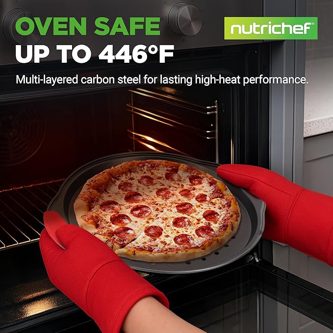 NutriChef 2-Piece 13-Inch Nonstick Pizza Tray, Round Carbon Steel Non-Stick Pizza Pan with Perforated Holes, Premium Bakeware Pizza Screen with Silicone Grip Handles, Dishwasher Safe, NCBPIZX2