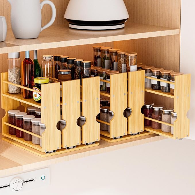 Jolitac Bamboo Pull Out Spice Rack for Cabinet, Slide Out Drawers | Space-Saving, Vertical Organization, Easy to Install, 2.3" Wide, 4 Drawers(1.85" Wide), 2-Tier