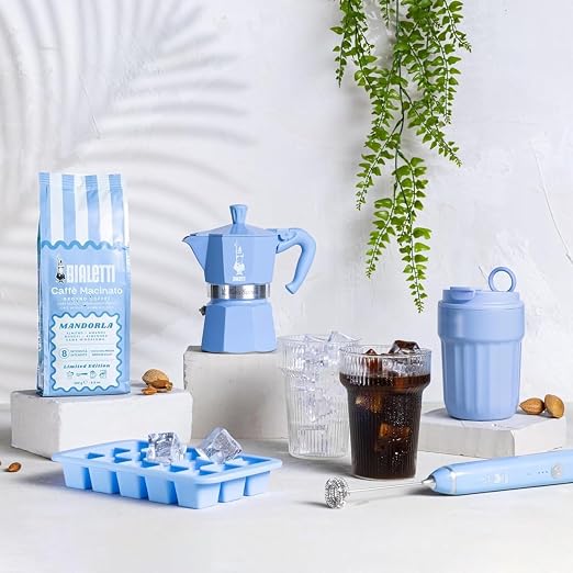 Bialetti Moka Express 3 Cup Light Blue & Almond Ground Coffee Gift Set – Stovetop Espresso Maker with 250g Caffe Macinato Mandorla, 80% Arabica 20% Robusta Medium Dark Roast, Made in Italy
