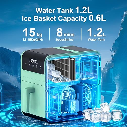 Countertop Ice Cube Maker, 24 Square Ice Cubes in 10-15 Mins, 3 Ice Modes, Self-Cleaning Portable Ice Machine with Touch Control & Timer, 50lbs/Day, Perfect for Home Kitchen Office
