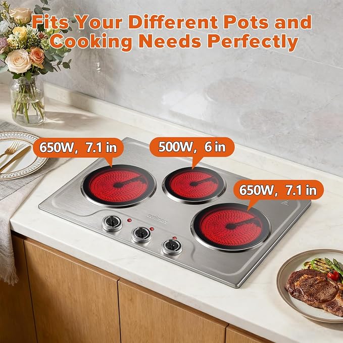 CUSIMAX Hot Plate,1800W Triple Infrared Burner, Independent Temperature Control,Electric Stove Can Simultaneously Cook Three Dishes,Compatible for All Cookware,Stainless Steel for Easy Cleaning