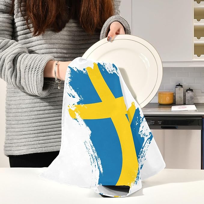 Swedish Flag Brush Stroke Kitchen Towels Set with Hanging Loop, Kitchen Hand Towels, Tea Towels, Premium Dish Towels for Kitchen, Quick Drying Kitchen Towel Set 18”x 28”