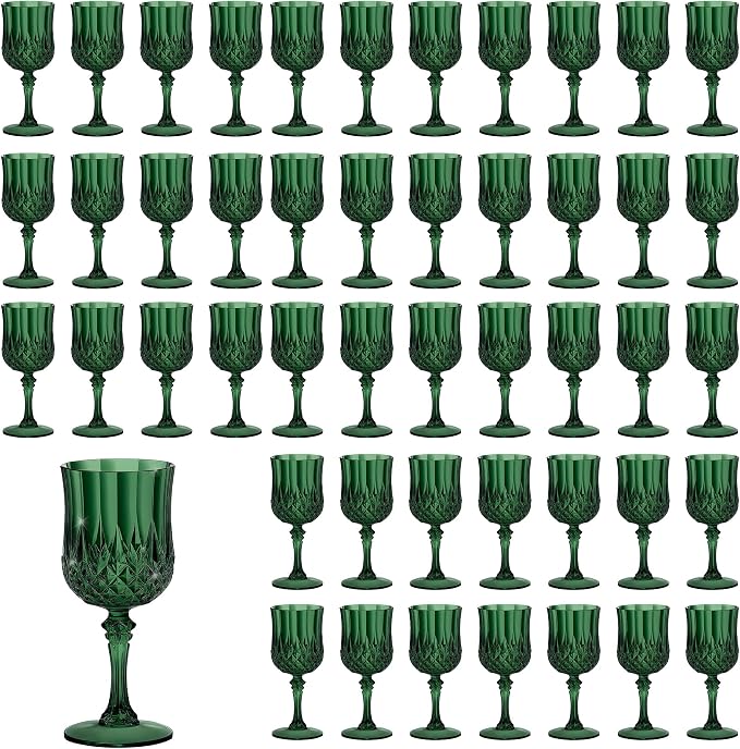 7OZ Plastic Wine Glasses, Reusable Vintage Goblets Unbreakable Drinking Glasses Crystal Water Cups Champagne for Wedding, Parties (48, Dark Green)