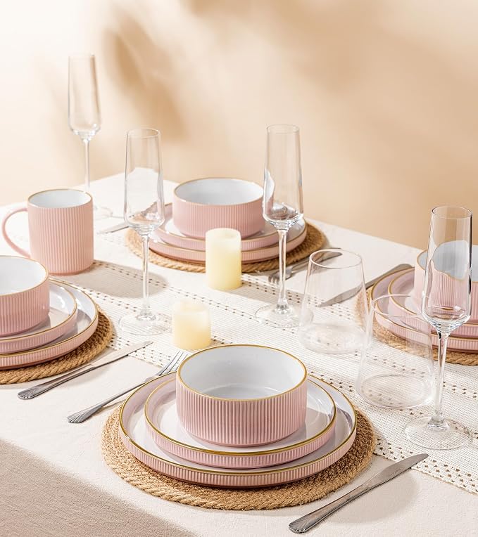GBHOME Stoneware Dinnerware Sets for 4, 12 Pieces Lightweight Ceramic Ribbed Plates and Bowls Set, Reactive Glaze Stackable Plate Sets, Scratch Resistant Dishes, Microwave & Dishwasher Safe,Pink