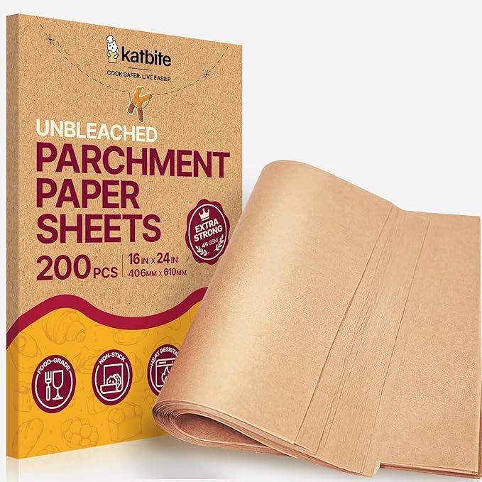 Katbite Parchment Paper Sheets Heavy Duty, 16x24 Inches 200 PCS Precut Baking Parchment, Unbleached, Non-stick, Non-toxic, Extra Strong, Flat Baking Paper for Oven, Cooking, Grilling, Air Fryer