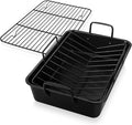 E-far Roasting Pan with Racks, Large Stainless Steel Turkey Roaster with V-Shaped & Cooling Rack for Oven, 16 Inch Nonstick Deep Broiler Pan with Handles for Baking Chicken Lasagna Meat, Heavy Duty