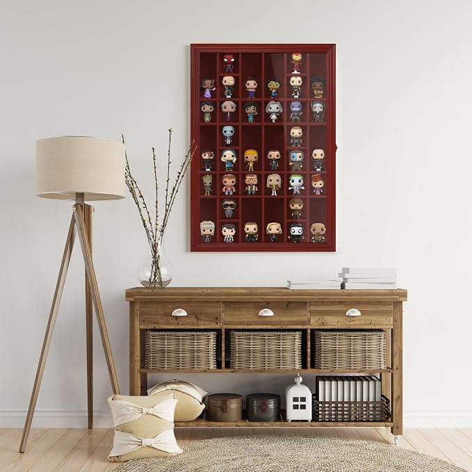 Shot Glass Display Cabinet Solid Wood - Large Display Case for Collectibles | Man Cave Accessories | UV Protection Acrylic Door | Wall Mounted Black Shadow Box (26 x 18 Mhg)