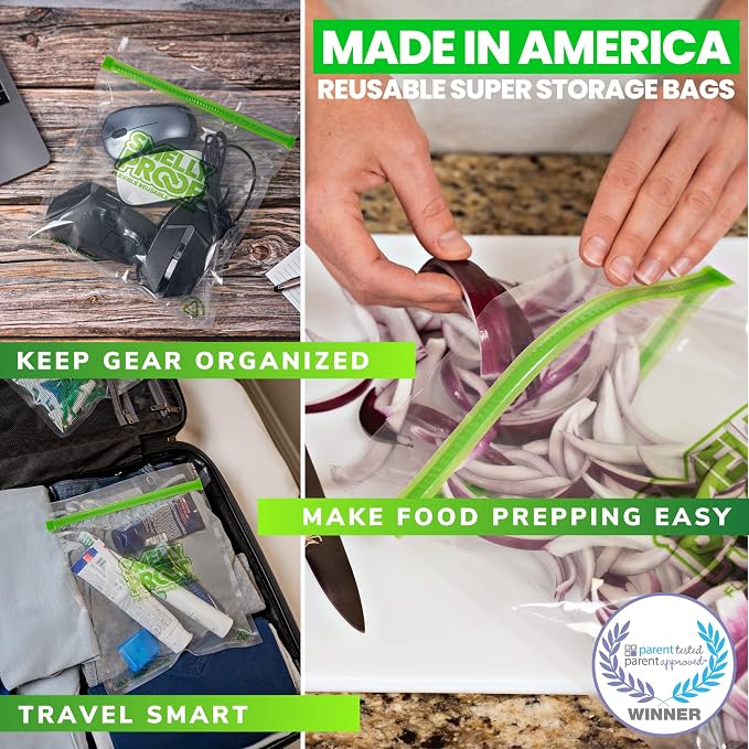 Smelly Proof Quart Meal Prep Storage Bags, US MADE, Reusable Food Storage Bags, Freezer Bags, Large Bags for Snacks, Tools, Craft, Travel, Dishwasher-Safe, BPA FREE, NO PEVA, 3-mil, 8.5" x 10", 10-Pk