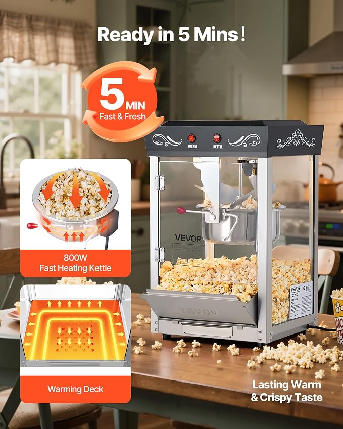 VEVOR Popcorn Machine, 8oz Stainless Steel Kettle, 800W Commercial Countertop Popcorn Maker, 48 Cups per Batch Theater Style Popper, with 2-Button Control Glass Wall PC Door 1 Scoop 3 Spoons, Black