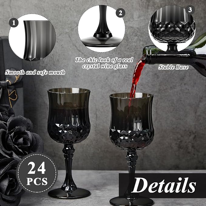 Pinkunn 24 Pcs 7 oz Plastic Vintage Wine Glasses Reusable Colored Goblets Patterned Drinking Water Glasses Cup Dishwasher Safe for Mother's Day Wedding Reception Party Supplies (Black)